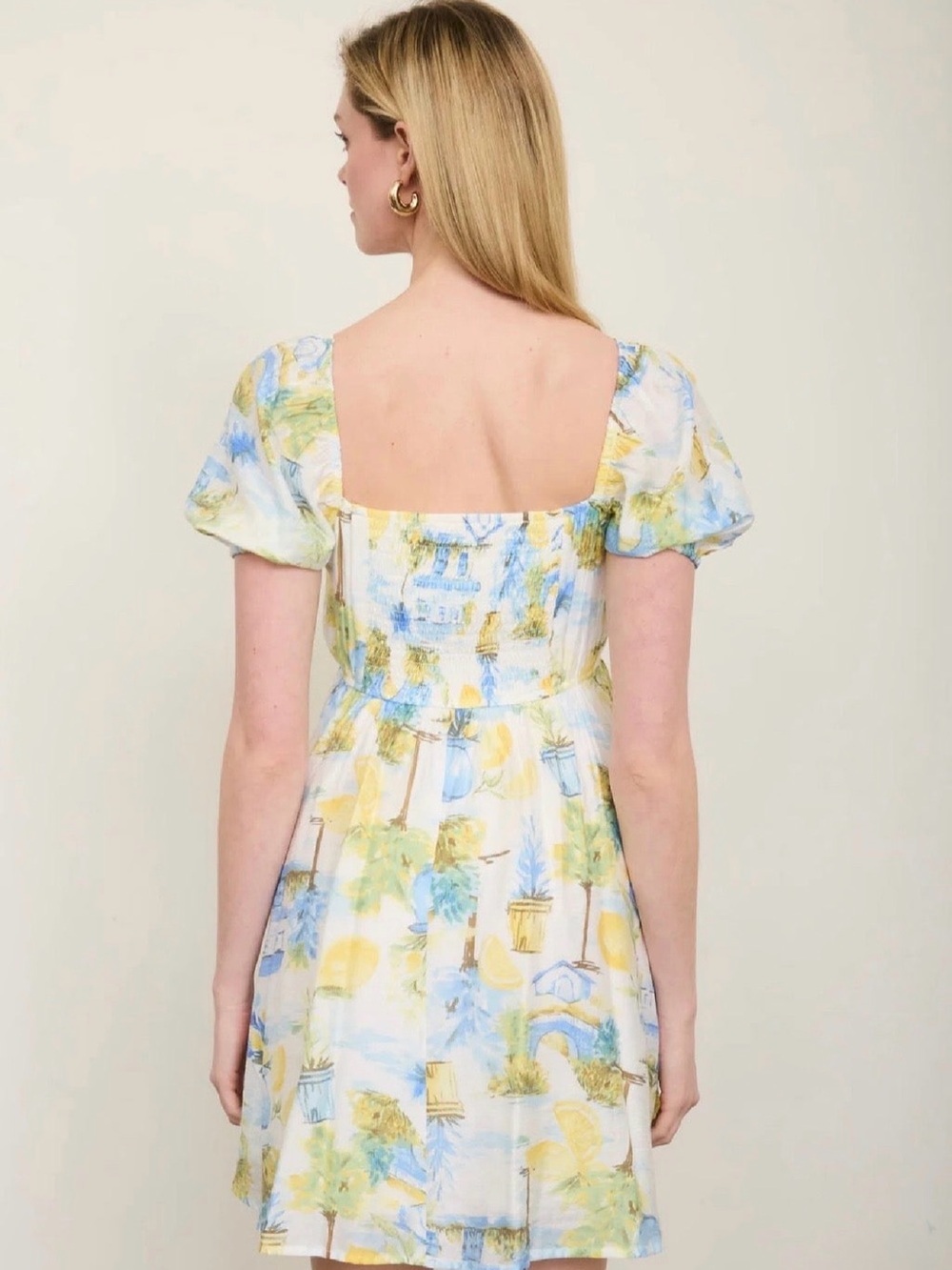 CR2916A Lemon Print Pleated Short Puff Sleeve Mini Dress - Picture 8 of 8